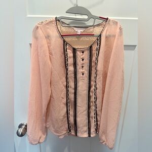 Candie’s Blush Lace Boho Peasant Blouse Sheer Long Sleeve Large